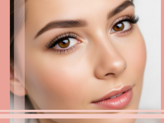 Skincare Close up image of a woman's face with pink blocks around it.