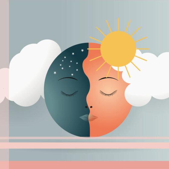 Day vs Night: A vector illustration of a half moon half sun with coloured blocks around.